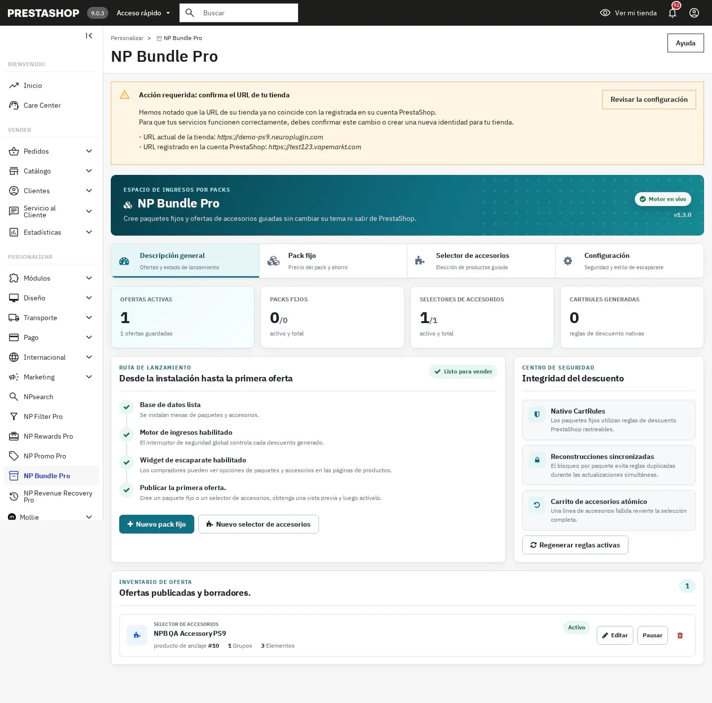 Panoramica merchant NP Bundle Pro 1.3.0 su PrestaShop 9.