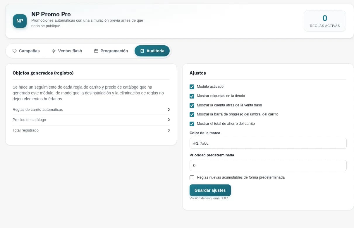 Registre des objets générés NP Promo Pro sur PrestaShop 9.