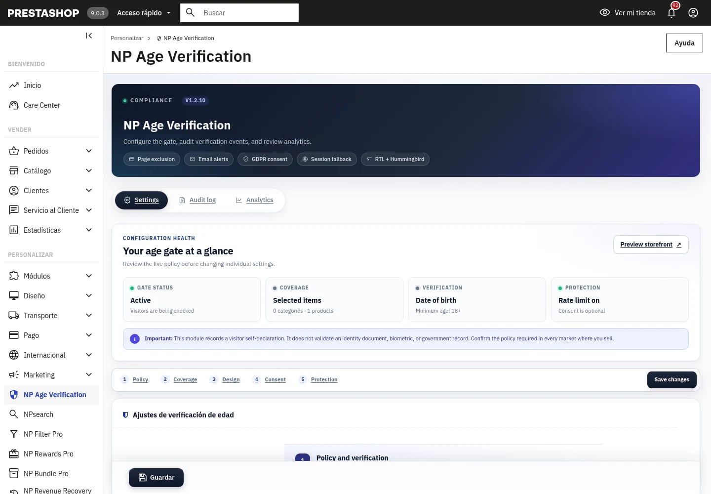 Espacio de configuración NP AgeVerify 1.2.10 en PrestaShop 9.
