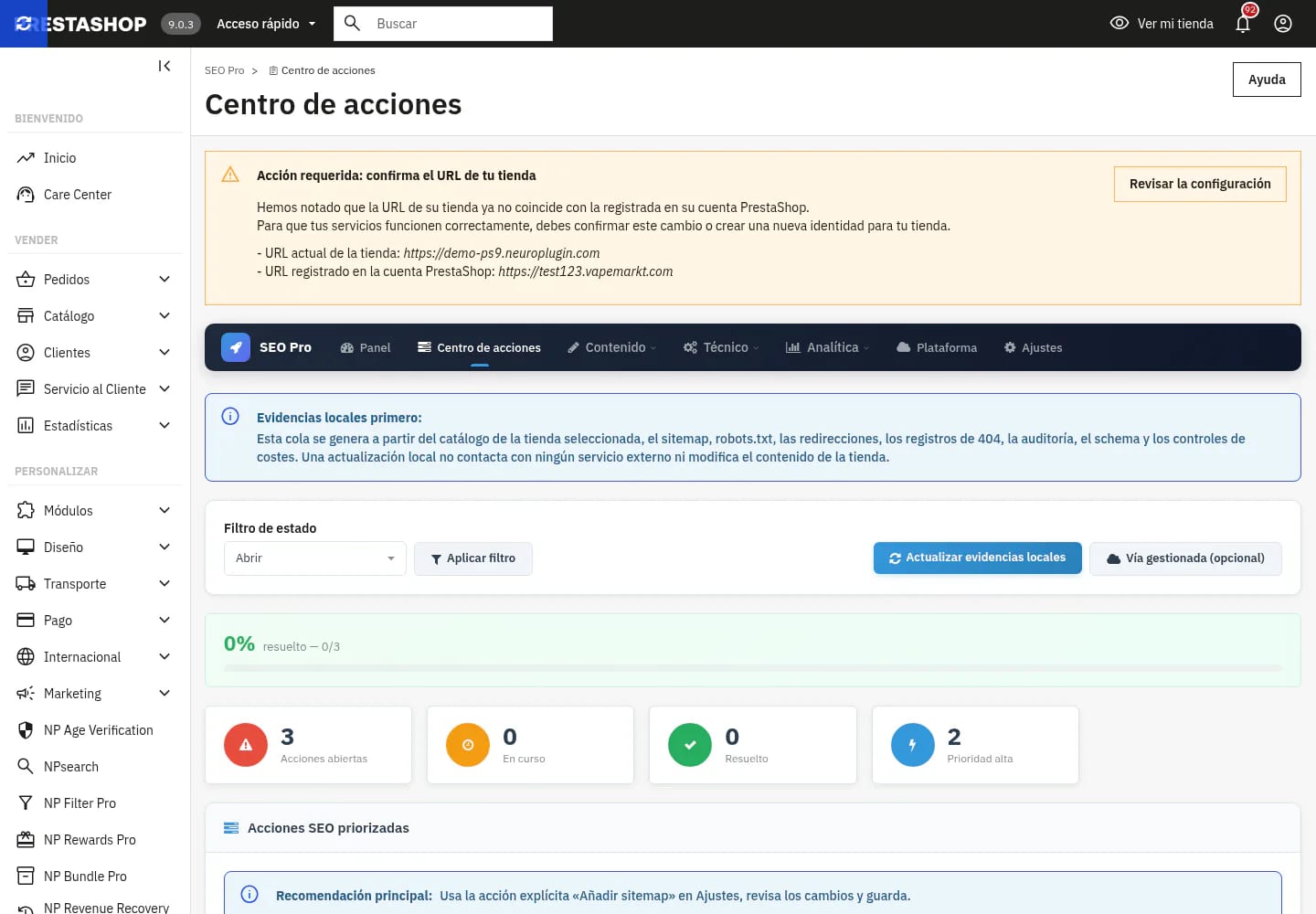 Centro de acciones de NP SEO Pro 2.3.1 en PrestaShop 9, vista de escritorio.