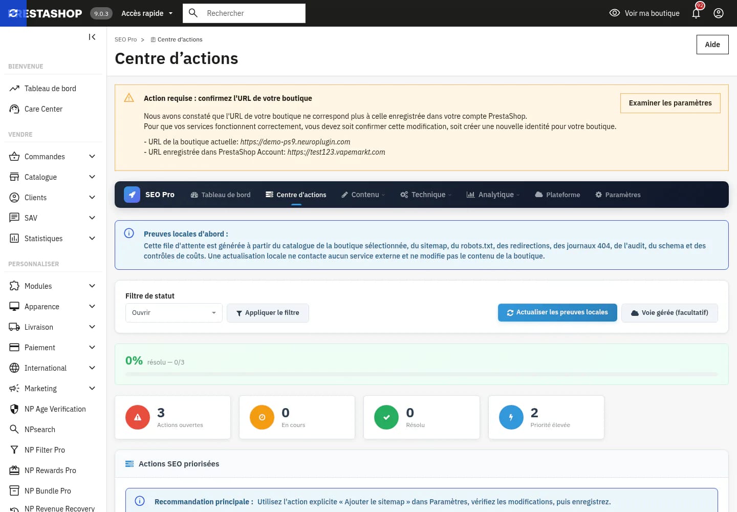Centre d’actions NP SEO Pro 2.3.1 sur PrestaShop 9 en vue bureau.