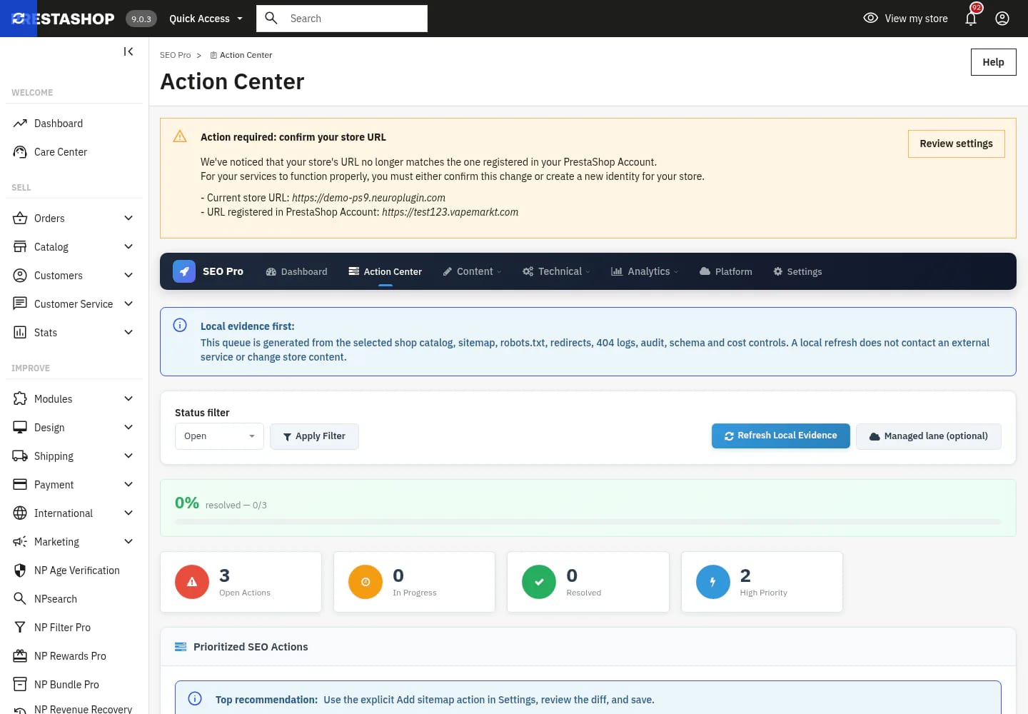 NP SEO Pro 2.3.1 Action Center on PrestaShop 9 desktop.
