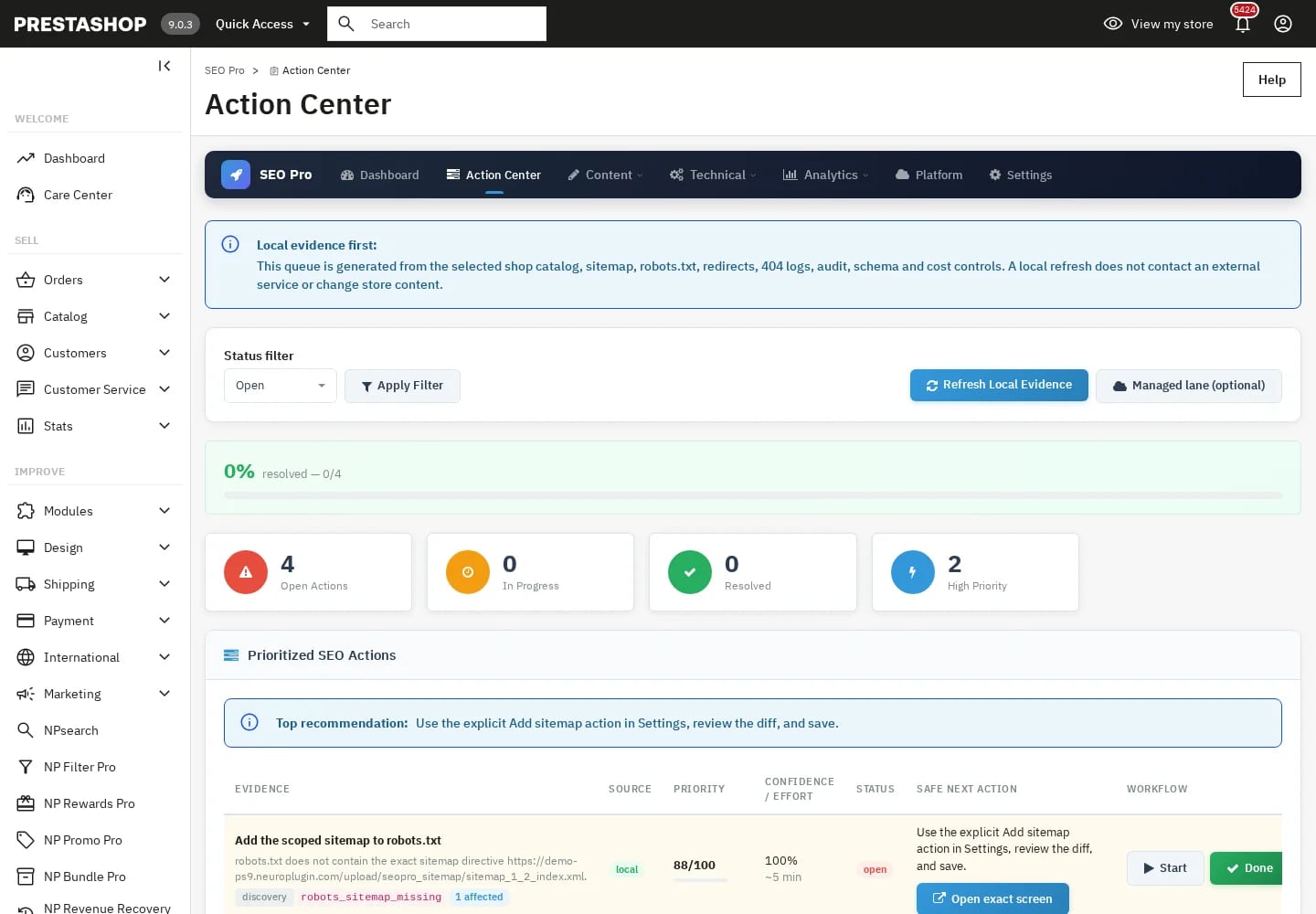 Action Center de NP SEO Pro 2.3.0 en PrestaShop 9, vista de escritorio.