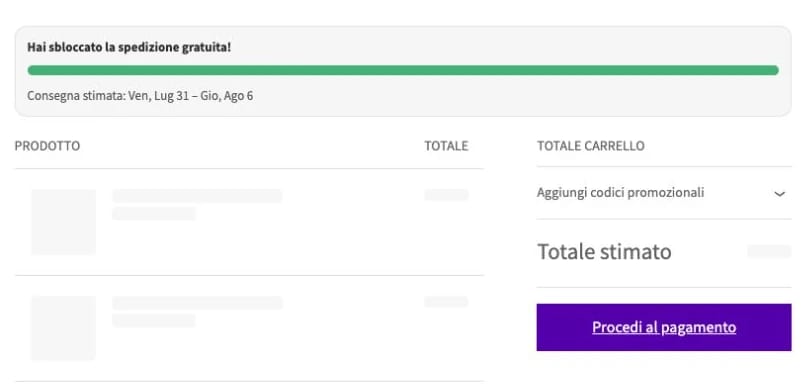 Barra di avanzamento del carrello WooCommerce con messaggio sulla consegna.