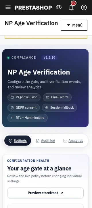 NP AgeVerify 1.2.10 Back Office at 320 pixel width with the complete page title and three visible workspace tabs.
