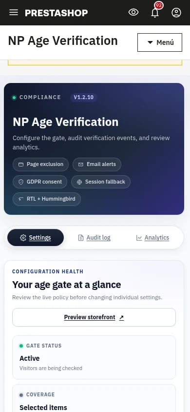 NP AgeVerify 1.2.10 settings workspace on PrestaShop 9 at 390 pixel mobile width.