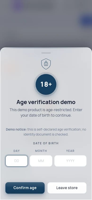 NP AgeVerify 1.2.10 glassmorphism gate on PrestaShop 8 at 390 pixel mobile width.
