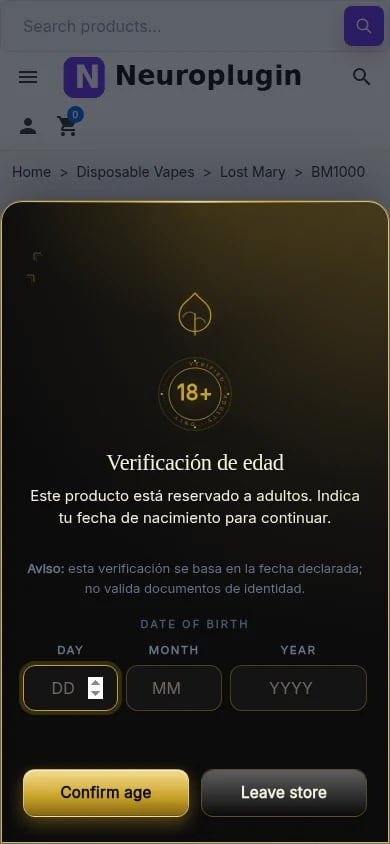 NP AgeVerify 1.2.10 luxury gate at 390 pixel mobile width.
