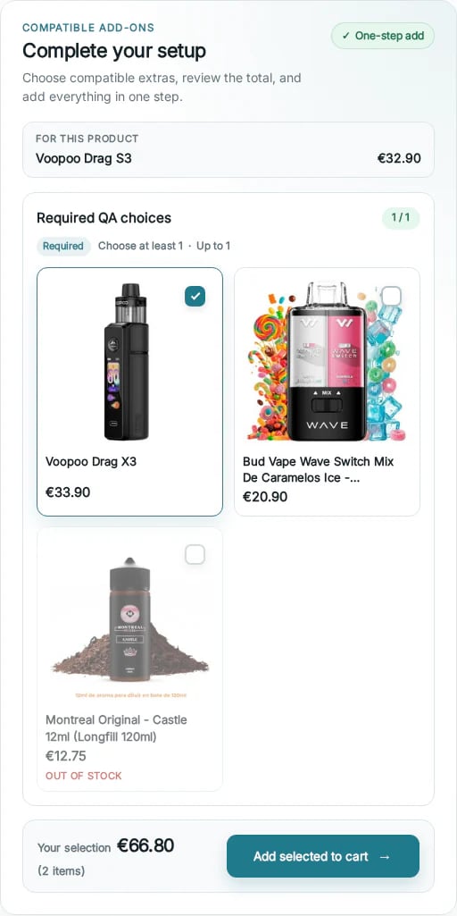 NP Bundle Pro 1.3.0 accessory picker with one required choice, selected product, disabled out-of-stock product and live total.