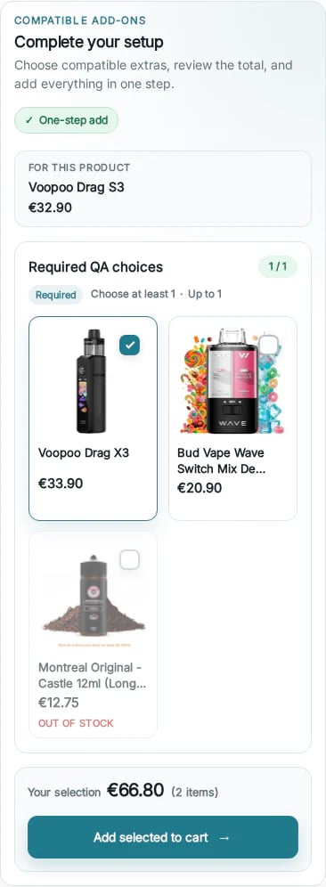 Mobile NP Bundle Pro accessory picker with required-choice progress, stock state and selected total.