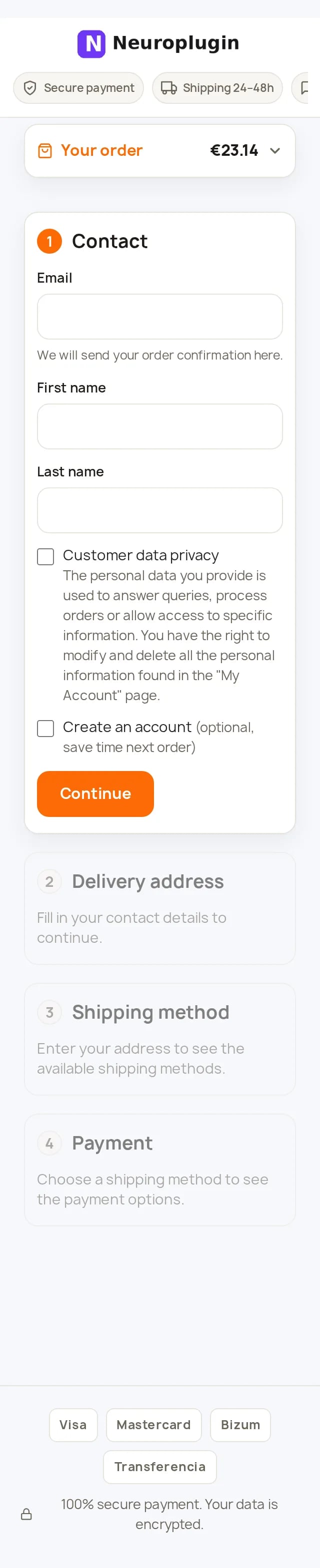 Checkout compatto NP Checkout Pro a 320 px su PrestaShop 8.