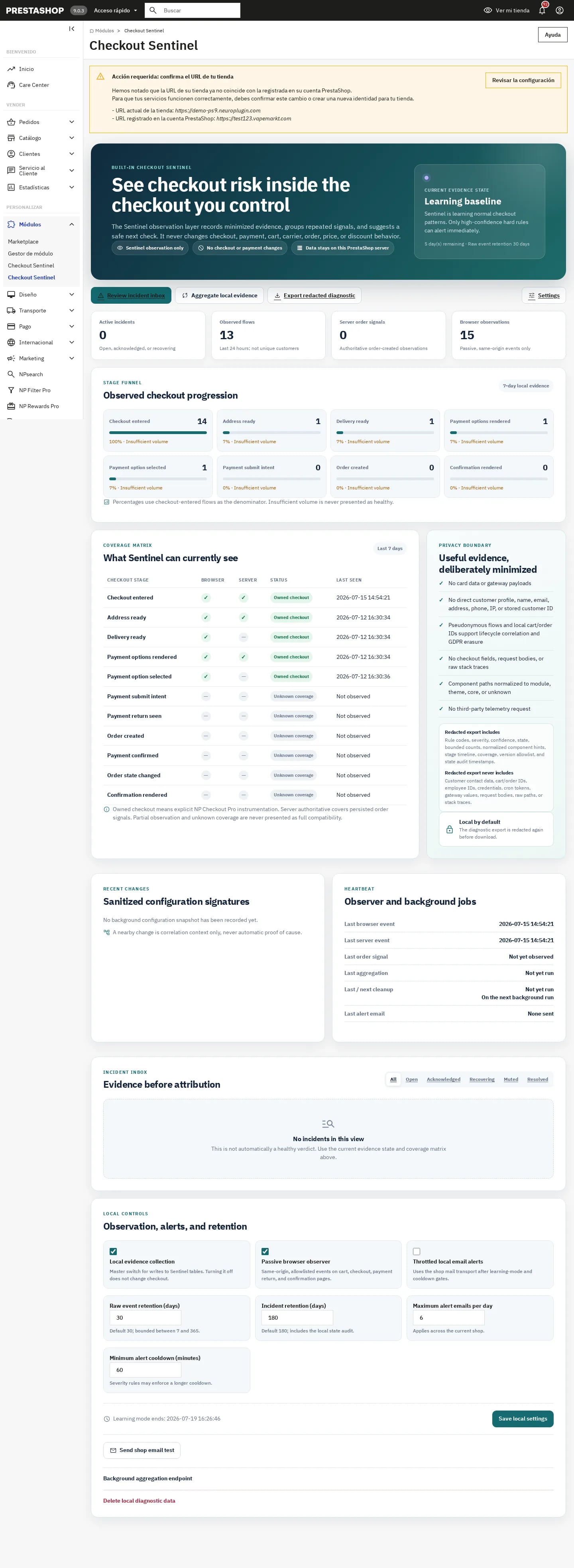 Dashboard prove Checkout Sentinel integrato su PrestaShop 9.