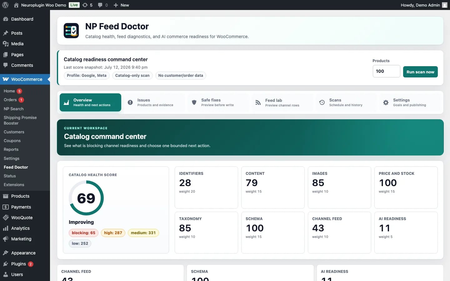 Centro di comando catalogo NP Feed Doctor 0.3.0 beta in WooCommerce.