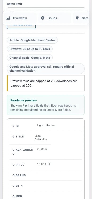Feed lab NP Feed Doctor con anteprima XML e CSV in un viewport mobile da 390 pixel.
