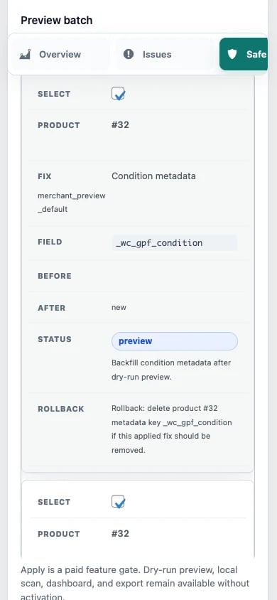Coda dry-run delle correzioni sicure con prove prima e dopo in un viewport mobile da 390 pixel.