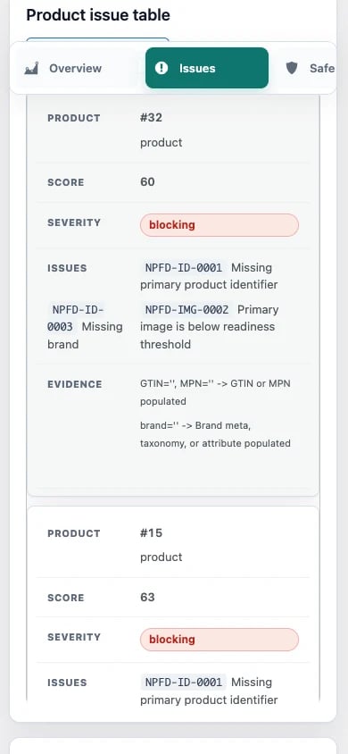 Coda problemi e prove prodotto NP Feed Doctor in un viewport mobile da 390 pixel.