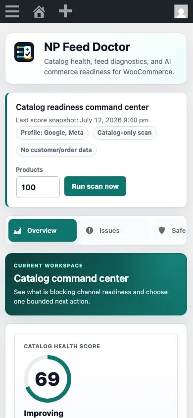 Centro catalogo NP Feed Doctor in un viewport mobile da 390 pixel.