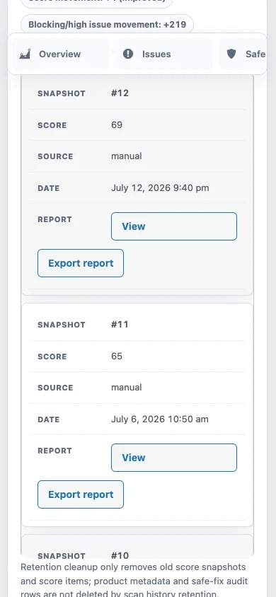 Cronologia scansioni conservate e controlli export delle prove in un viewport mobile da 390 pixel.