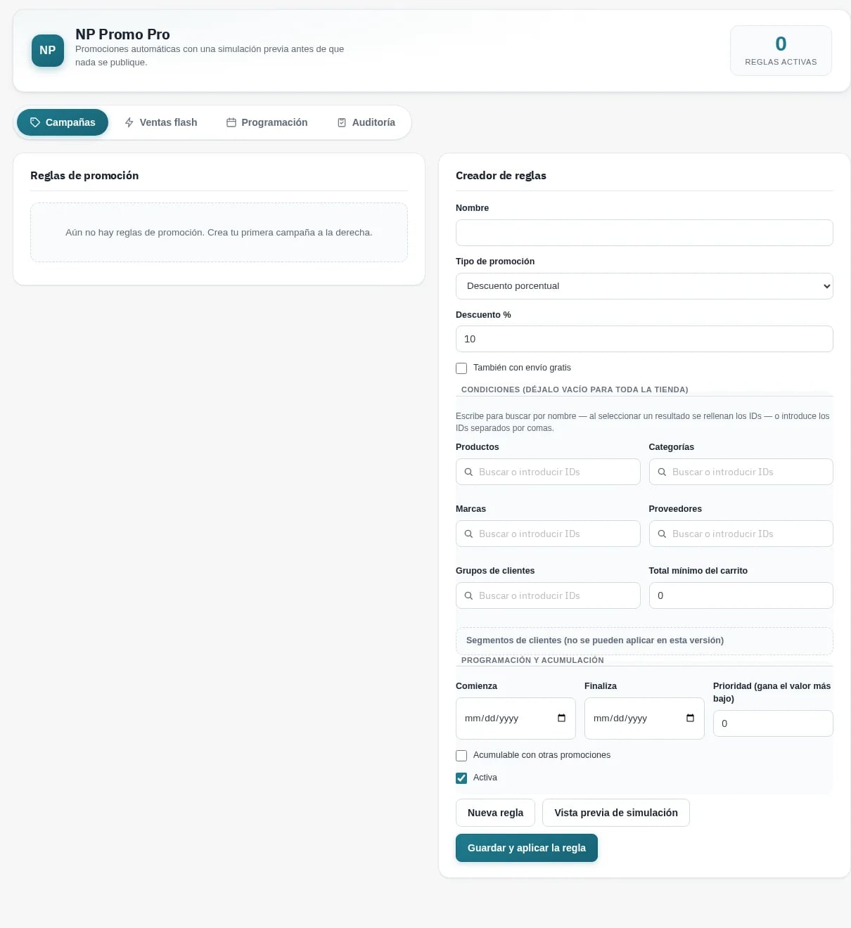 Créateur de campagnes NP Promo Pro sur PrestaShop 9.