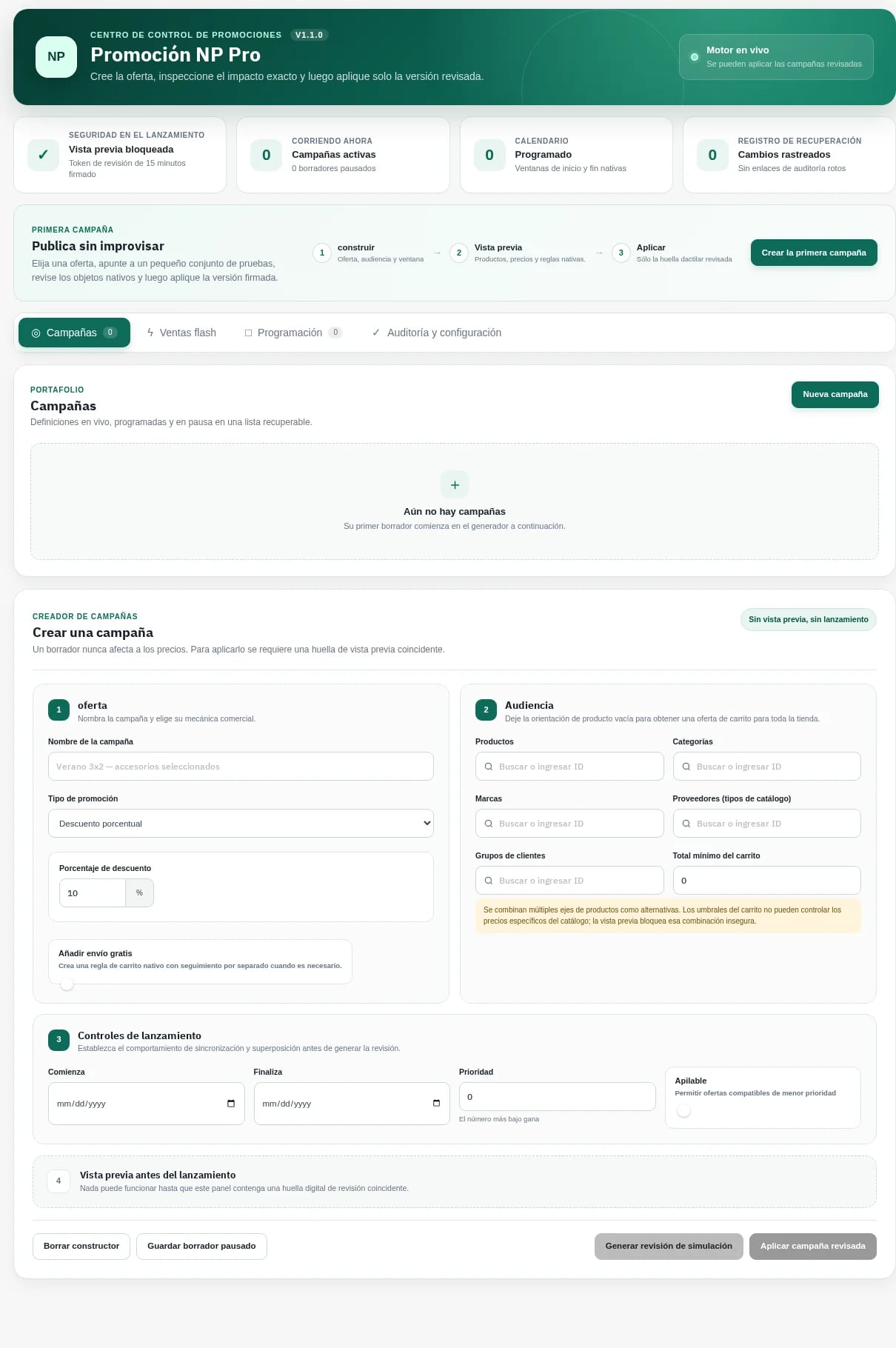 NP Promo Pro campaign builder on PrestaShop 9, localized in Spanish.