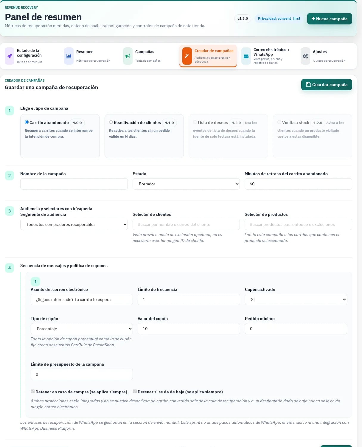 NP Revenue Recovery Pro 1.3.0 campaign builder and enforced send guardrails.