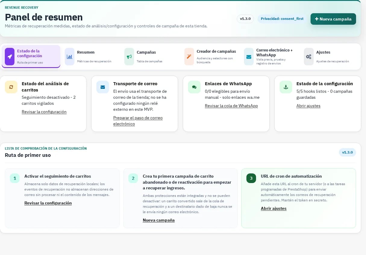 NP Revenue Recovery Pro 1.3.0 first-run setup station on PrestaShop 9.