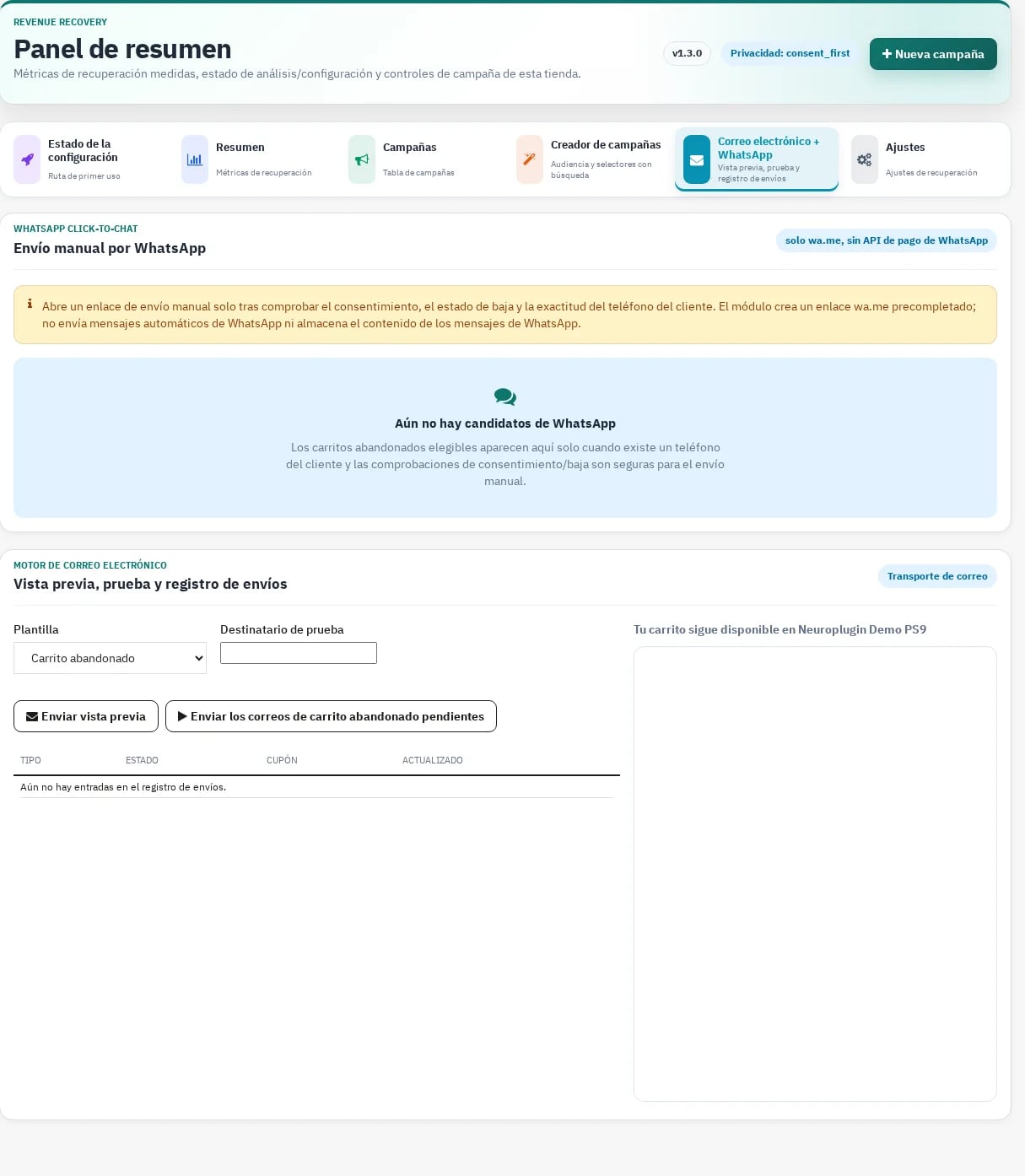 NP Revenue Recovery Pro 1.3.0 email preview, send log and manual WhatsApp station.