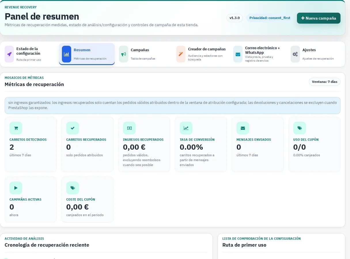 NP Revenue Recovery Pro 1.3.0 recovery dashboard on PrestaShop 9.