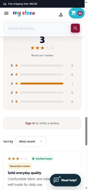 Responsive NP Reviews Pro product review experience at a 375-pixel mobile viewport.