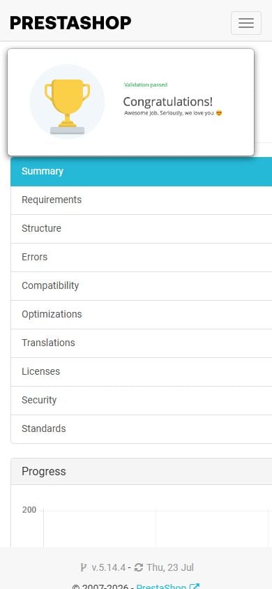 Official PrestaShop Validator result with all nine validation categories green for NP Reviews Pro 3.0.0.