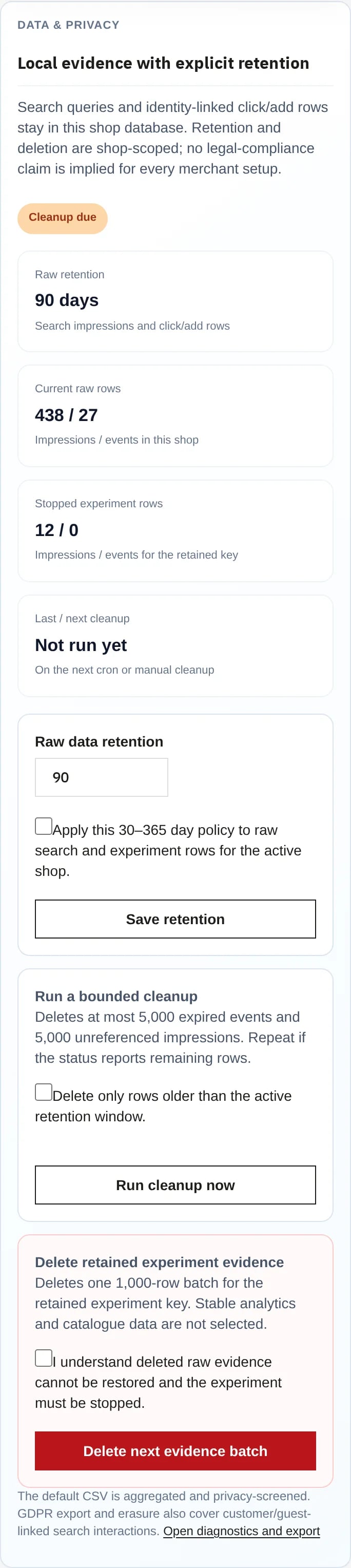 Mobile data and privacy workspace for NP Search on PrestaShop 9.