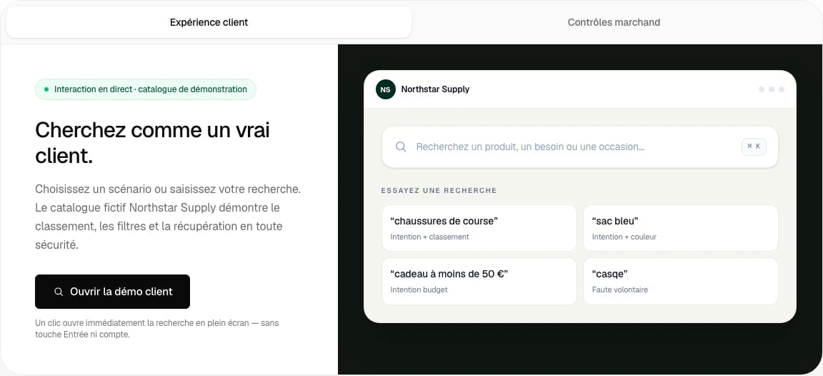 Laboratoire client interactif localisé de NP Search pour Shopify.