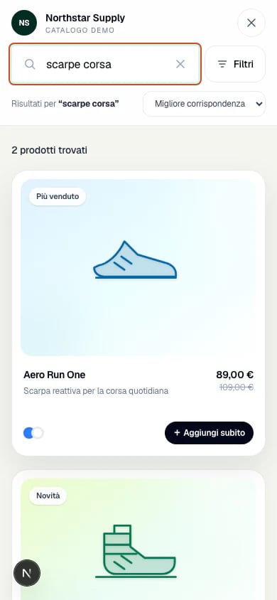 Risultati Search Lab localizzati e controlli filtro su uno schermo mobile da 390 pixel.
