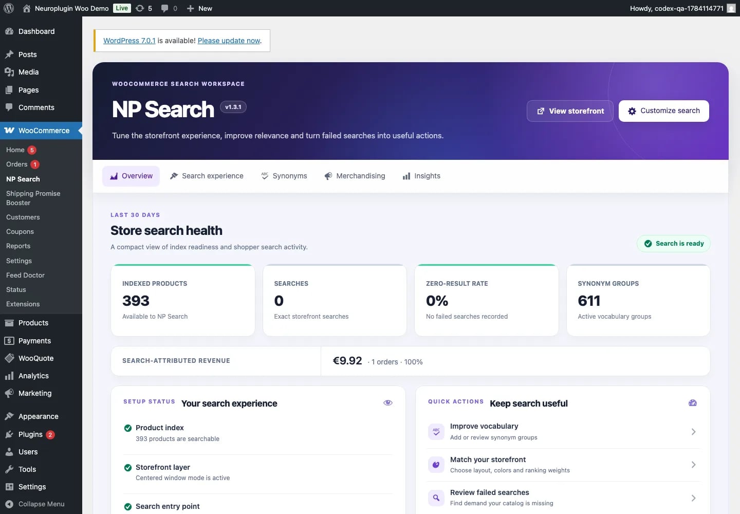 NP Search Core 1.3.1 WooCommerce admin overview with index health, setup status and quick actions.