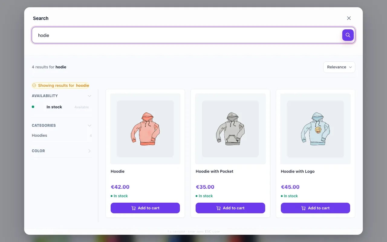 Centered NP Search Core 1.3.1 storefront layer returning four hoodies for the typo query hodie.