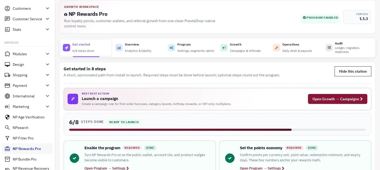 NP Rewards Pro back office workspace on PrestaShop 9 — Get-started station with 8-step progress, color-coded station nav, and live metric tiles.