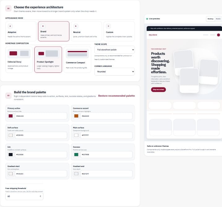 Appearance controls for Brand mode, Product Spotlight, full-storefront scope and color tokens.