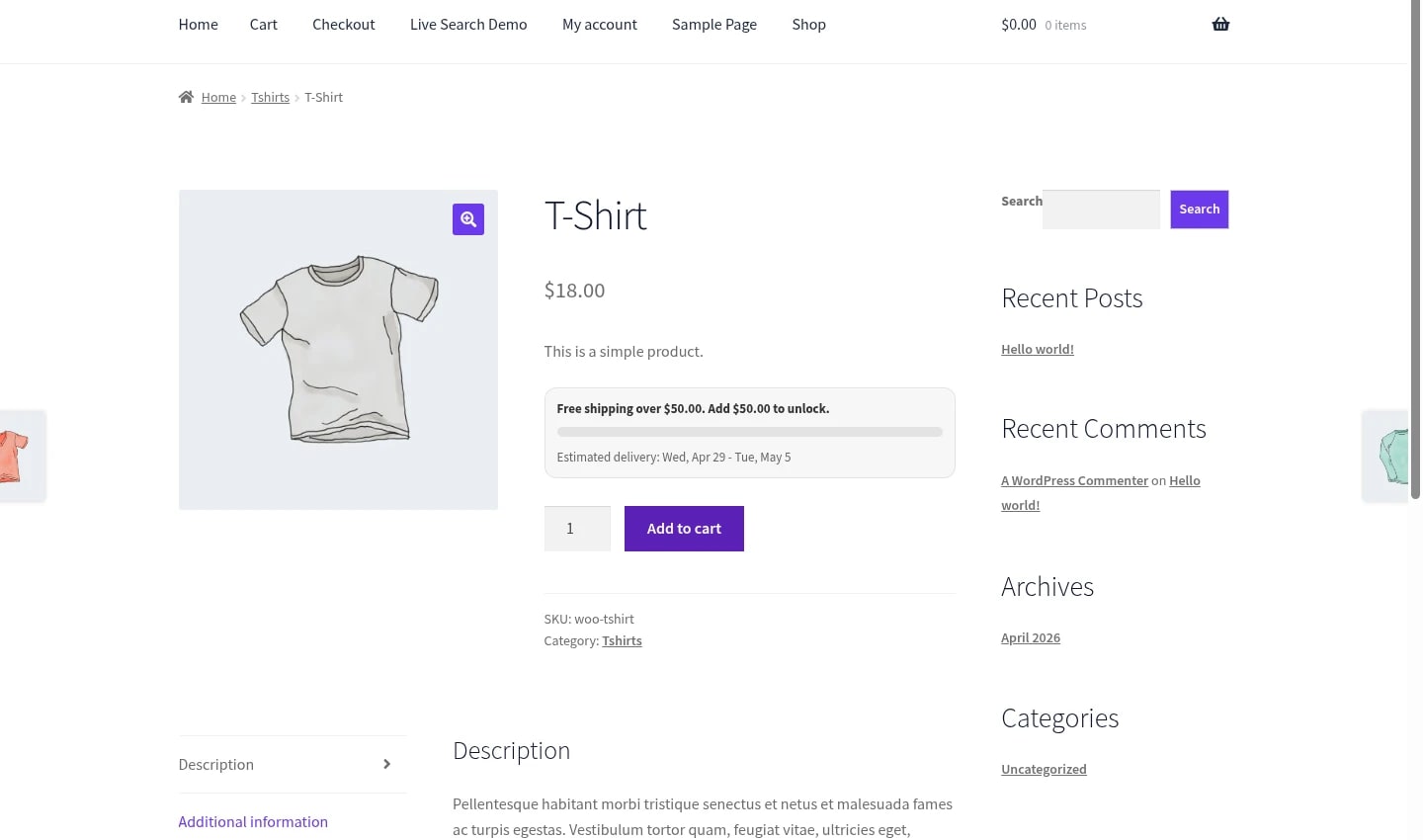 Fiche produit WooCommerce avec le bloc réel Shipping Promise Booster 0.2.2.