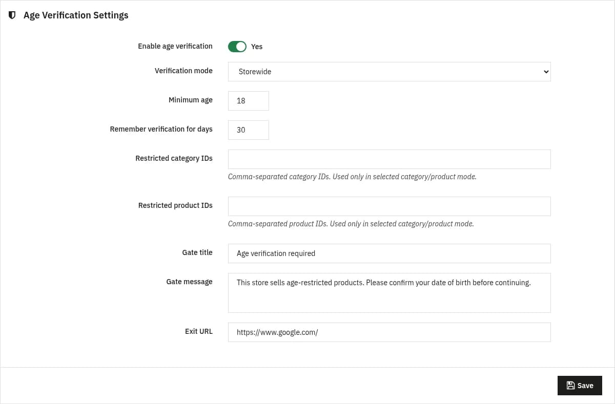 Ajustes exactos NP AgeVerify 1.0.0 en PrestaShop 9.0.3.