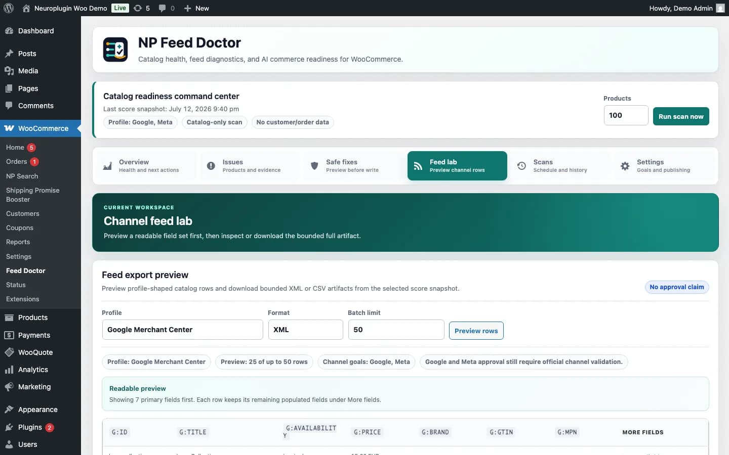 Laboratoire avec profil Google Merchant Center, format XML, limite et aperçu lisible.