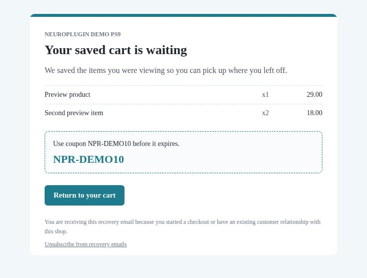 Customer-facing abandoned-cart recovery email from NP Revenue Recovery Pro.