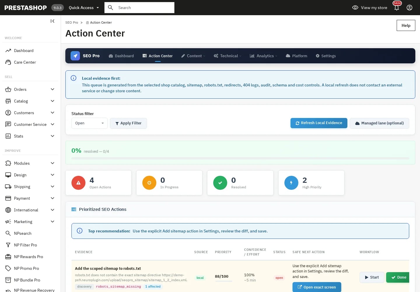 Action Center NP SEO Pro su PrestaShop 9.