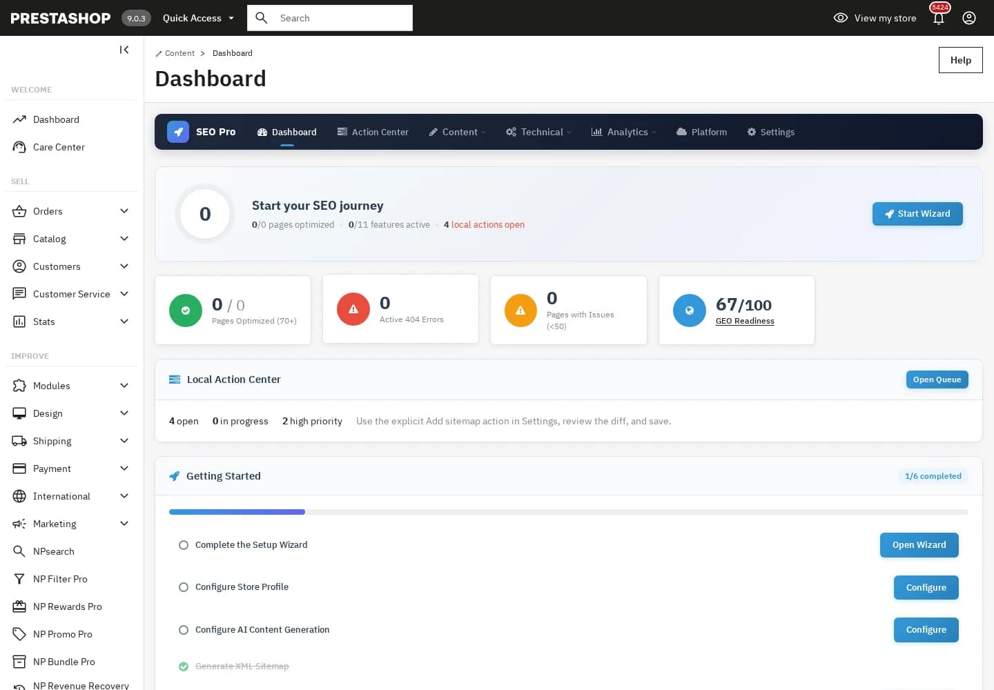 Dashboard operativa NP SEO Pro su PrestaShop 9.