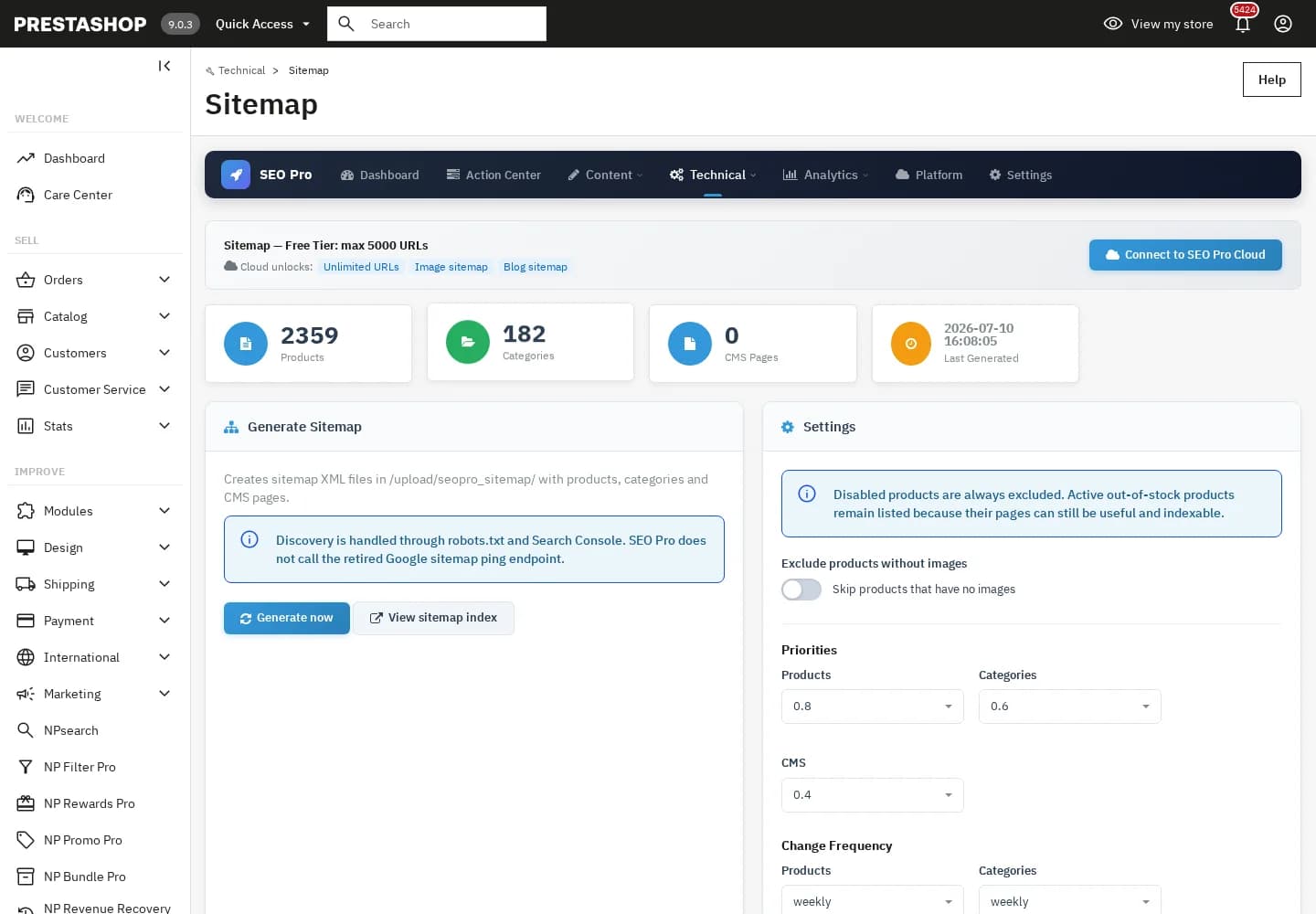 Controlli sitemap e discovery NP SEO Pro su PrestaShop 9.