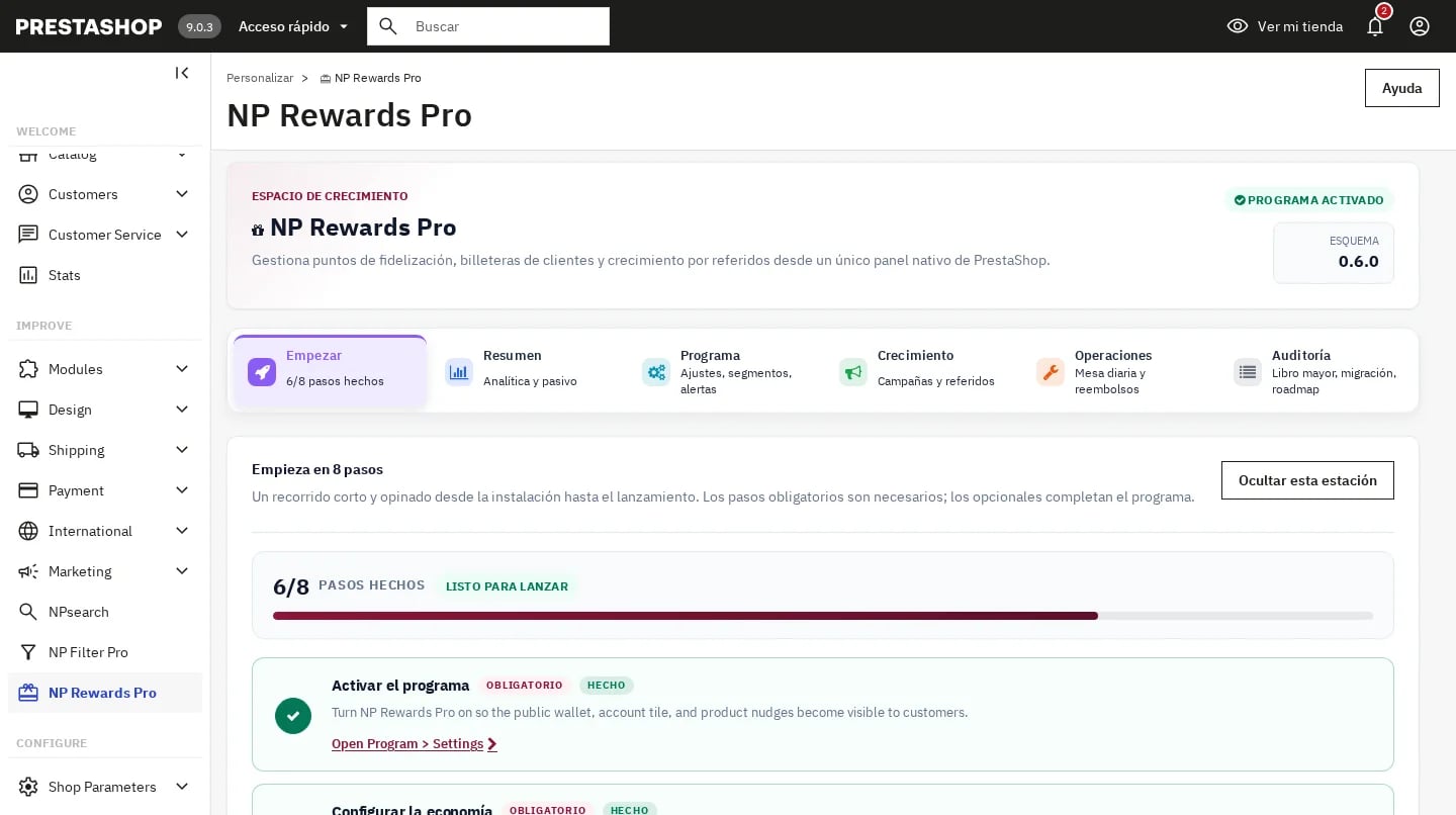 Workspace di avvio NP Rewards Pro con percorso in otto passi.