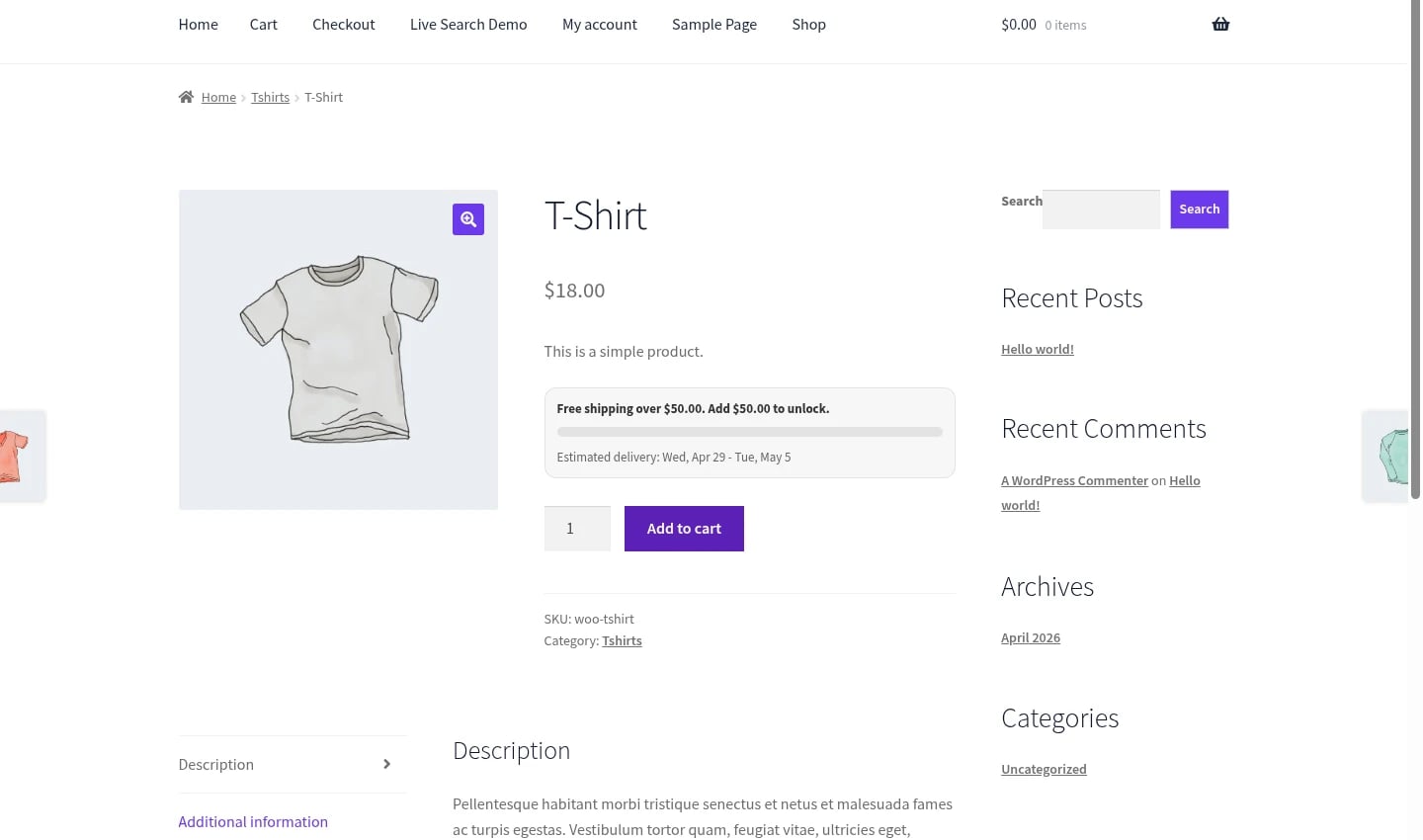 Página de producto WooCommerce con el bloque real Shipping Promise Booster 0.2.2.