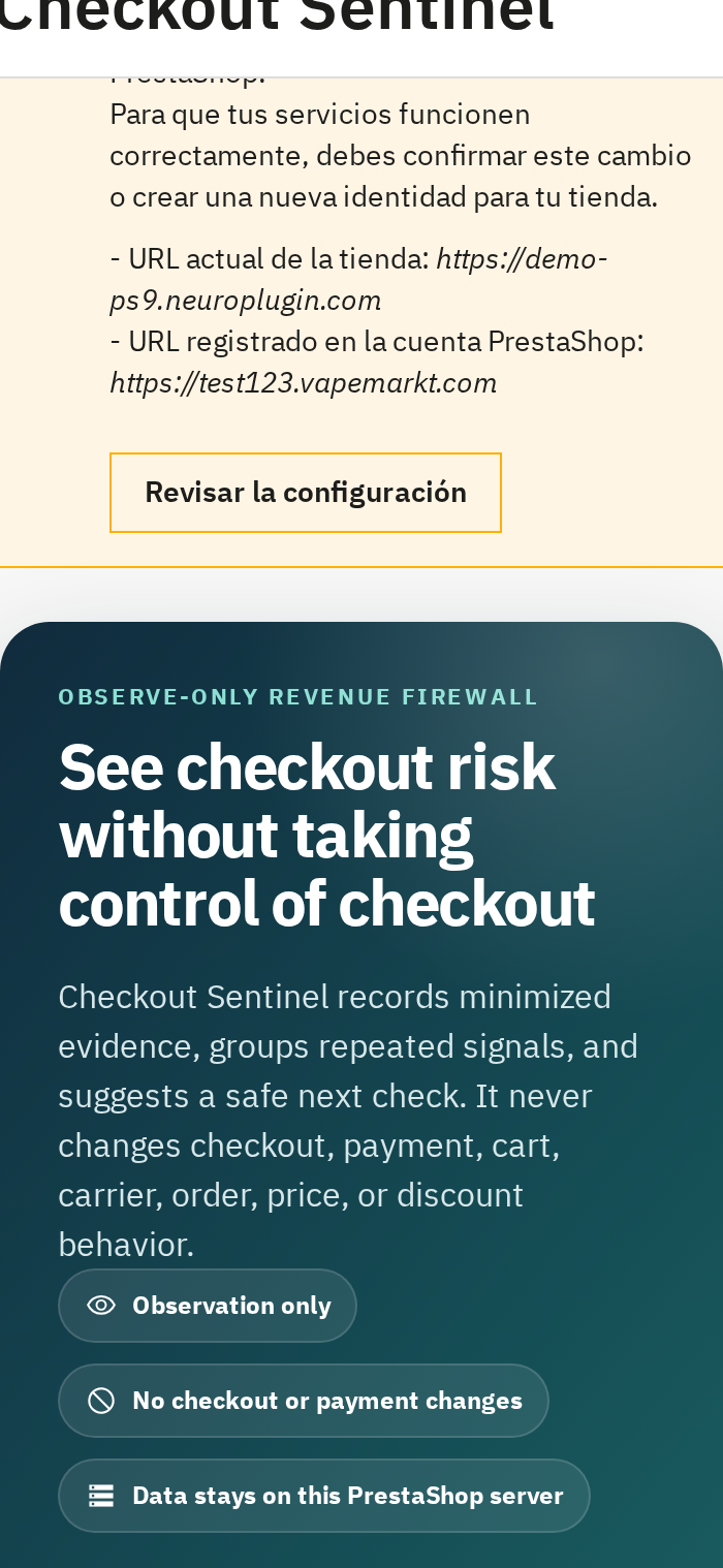 Vista móvil del resumen de NeuroCheckout Sentinel en PrestaShop 9.