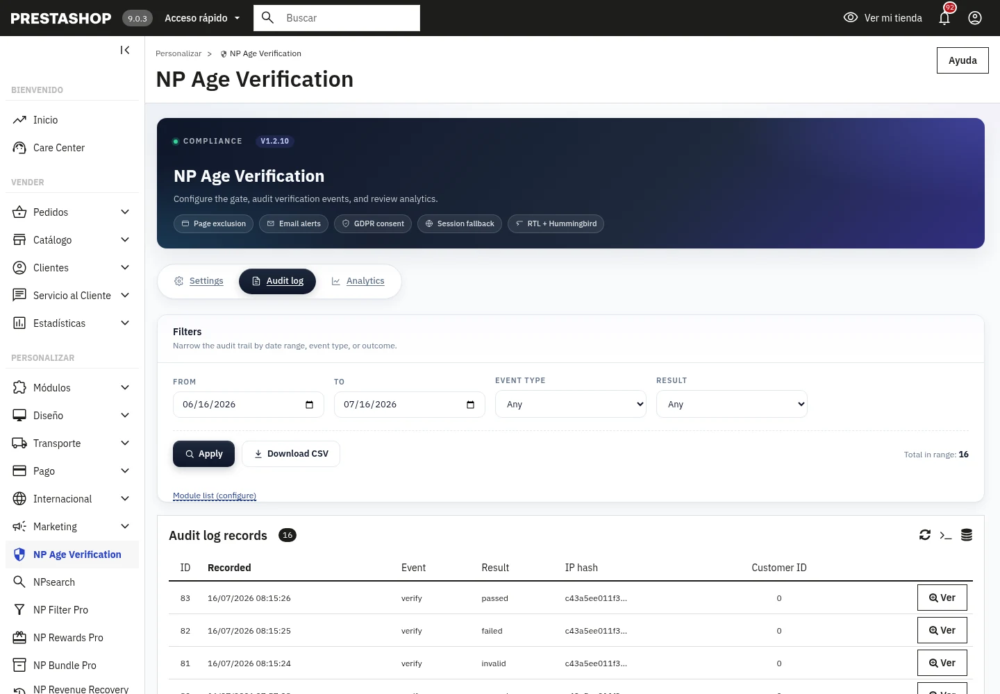NP AgeVerify 1.2.10 filtered audit log and CSV export on PrestaShop 9.