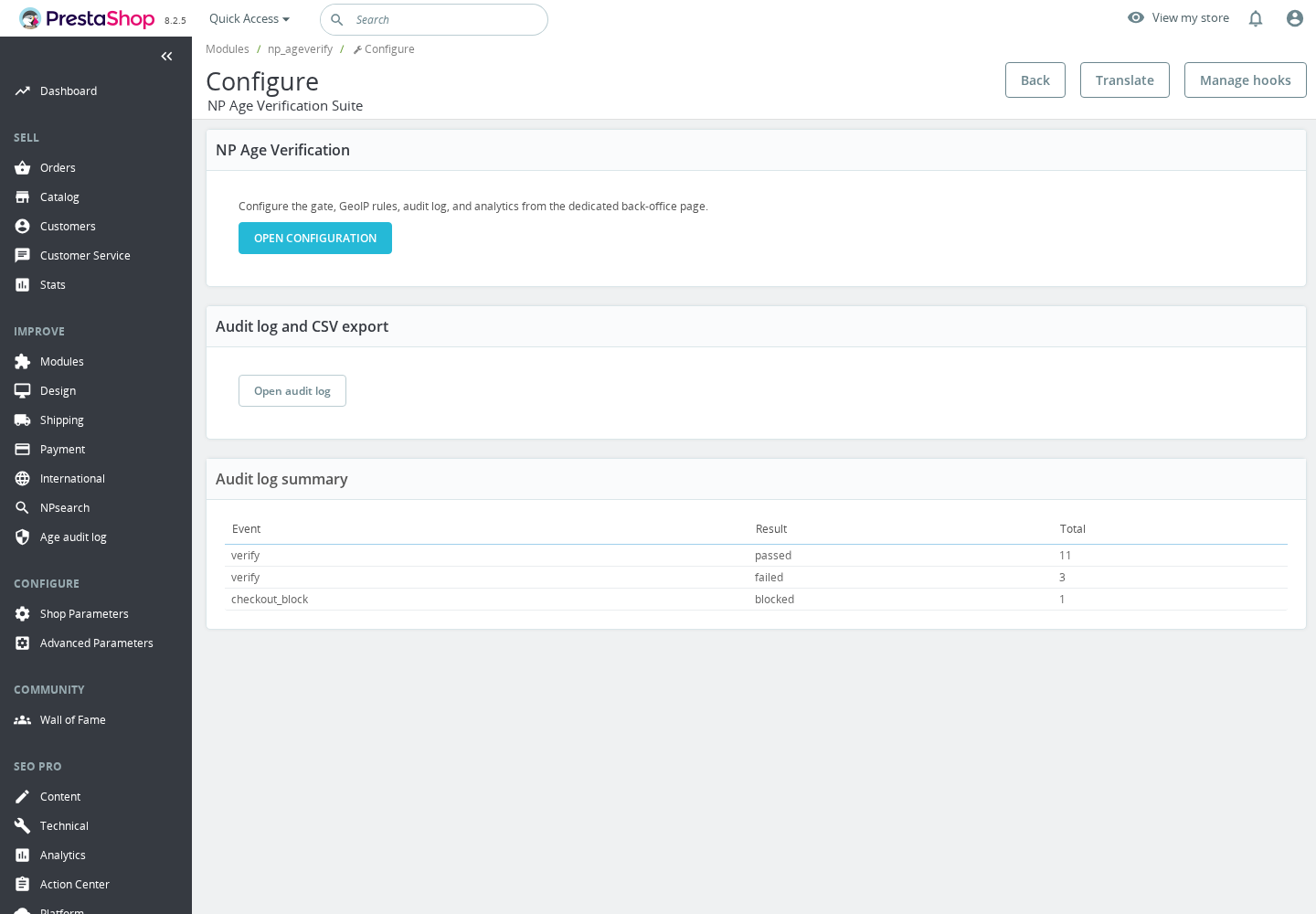 Admin configuration — per-country minimum age, verification method, cookie lifetime.