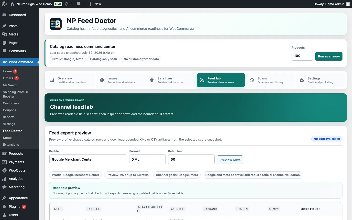 Feed lab con profilo Google Merchant Center, XML, limite e anteprima leggibile.